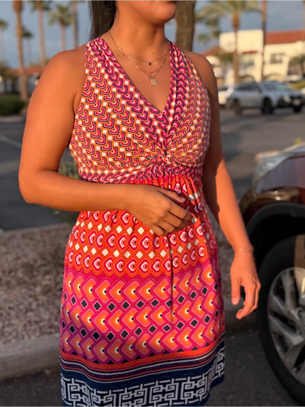 Laundry By Shelli Segal Navy Dress with Pink & Orange Geometric Print